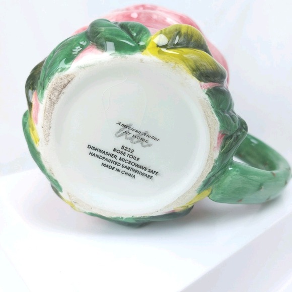 American Atelier Rose Toile Floral Petal Cup Mug Set Of 2 Pink #5232 Hand Paint - Picture 10 of 10